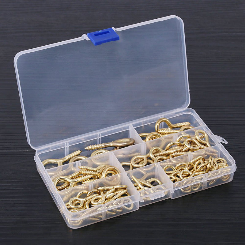 [Australia - AusPower] - Glarks 100-Pieces 6 Size Brass Plated Lag Eyebolts Screw-in Eye Shape Screw Hooks Hanging Hooks Assortment Set 