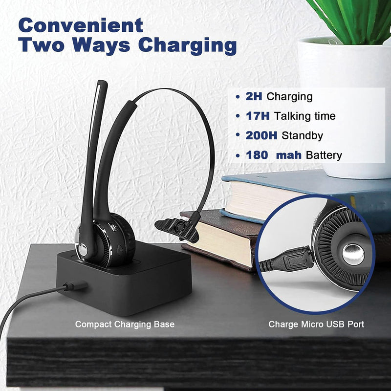 [Australia - AusPower] - Trucker Bluetooth Headset with Microphone Noise Cancelling, V5.0 Wireless Headset with Charging Base 17 Hrs Talk Time Trucker Headset for Home Office Call Center Skype Truck Drive 