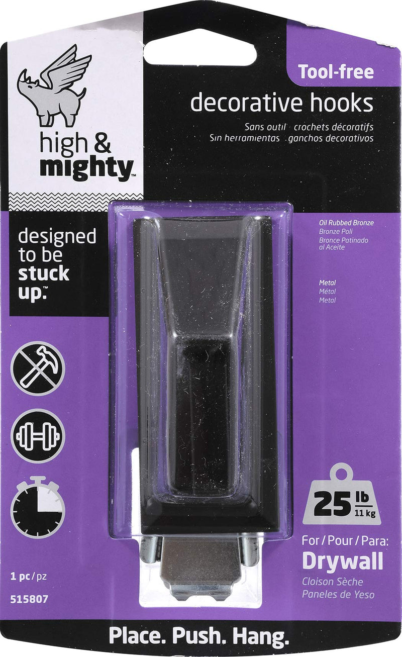 [Australia - AusPower] - HIGH & MIGHTY 515807 Decorative Metal Hook, Easy Tool-Free Dry Wall Installation, Rectangle, Holds up to 25lb, Bronze 