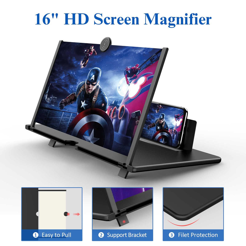 [Australia - AusPower] - 16" Screen Magnifier for Cell Phone -3D HD Magnifing Projector Screen Enlarger for Movies, Videos and Gaming – Foldable Phone Stand Holder with Screen Amplifier–Compatible with All Smartphones (Black) Black-16" 