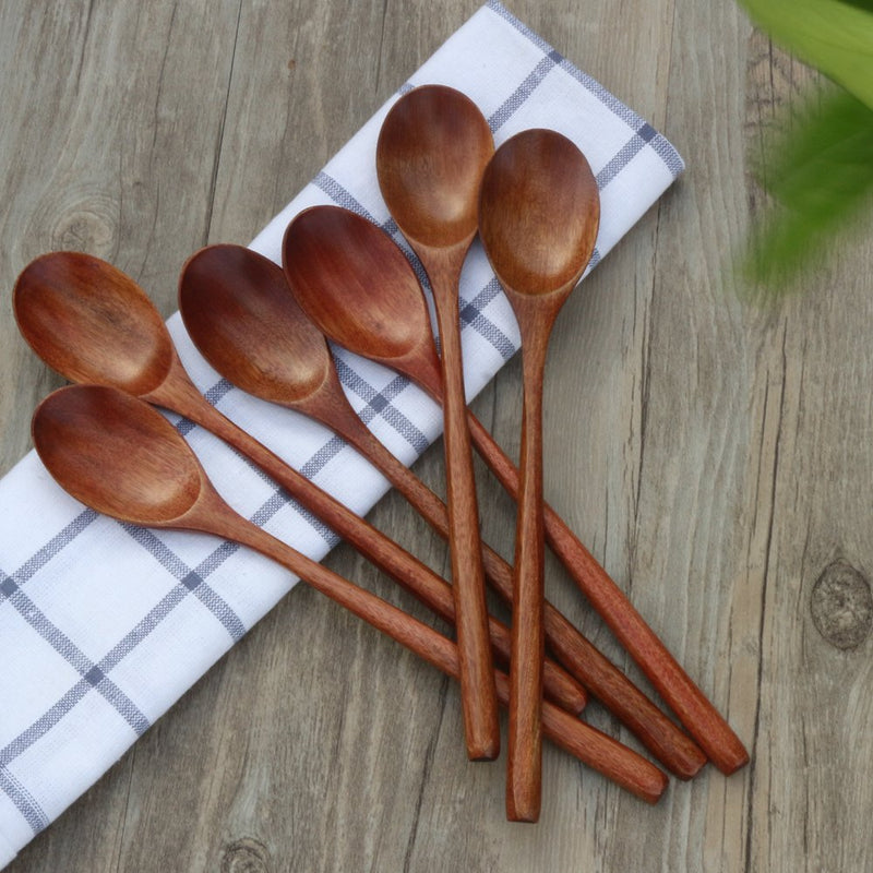 [Australia - AusPower] - Wooden Spoons, 6 Pieces 9 Inch Wood Soup Spoons for Eating Mixing Stirring, Long Handle Spoon with Japanese Style Kitchen Utensil, ADLORYEA Eco Friendly Table Spoon Brown 