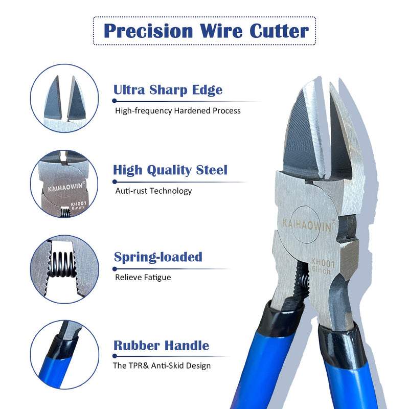 [Australia - AusPower] - Wire Cutters, 6 inch, KAIHAOWIN Precision Flush Cutters Ultra Sharp Wire Cutters for Crafting Side Cutters Wire Snips Spring Loaded Dikes Wire Cutter for Jewelry Making, Blue with Black Handle 6"x1 Pack 