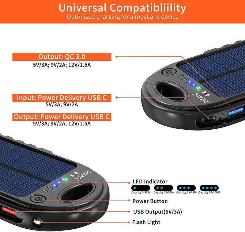 [Australia - AusPower] - Solar Charger, 10000mAh Wireless Solar Power Bank, 18W Power Delivery USB C Charger, Type C Input & Output, QC 3.0 & PD Fast Portable Charger Compatible with iPhone, Samsung and More C-Black 