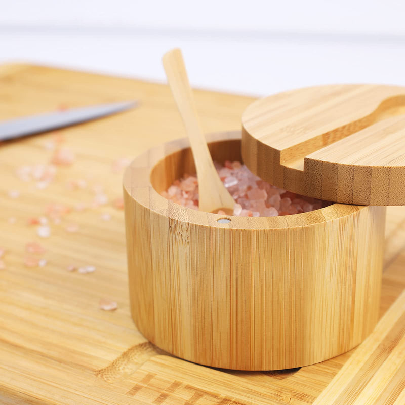 [Australia - AusPower] - Bamboo Salt Cellar with Mini Spoon by HTB, Kitchen Salt Box with Swivel Magnetic Closure Lid, Round Salt Container to Storage Pepper Spice Bath Salt Sea Salt 1pcs 