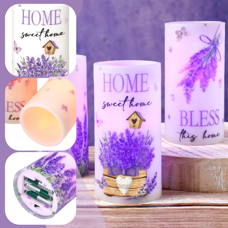 [Australia - AusPower] - Threlaco 3 Pcs Lavender Home Sweet Home LED Candles Farmhouse Spring Purple Butterfly Flameless Candles Bless This Home Candles with Remote for Bedroom Living Room Easter Spring Decor Farmhouse 