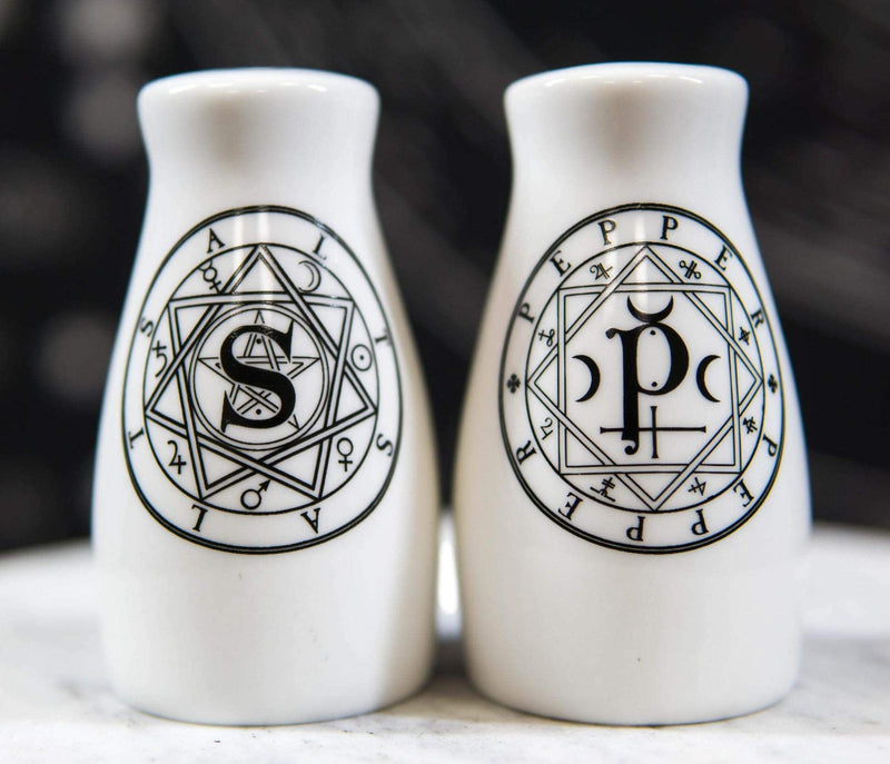 [Australia - AusPower] - Ebros Wicca Magic Sacred Geometry Interwoven Pentacle Crescent Moons Ceramic Salt And Pepper Shakers Set Figurines Party Kitchen Tabletop Halloween Ossuary Macabre Alchemy Collectible Decorative 