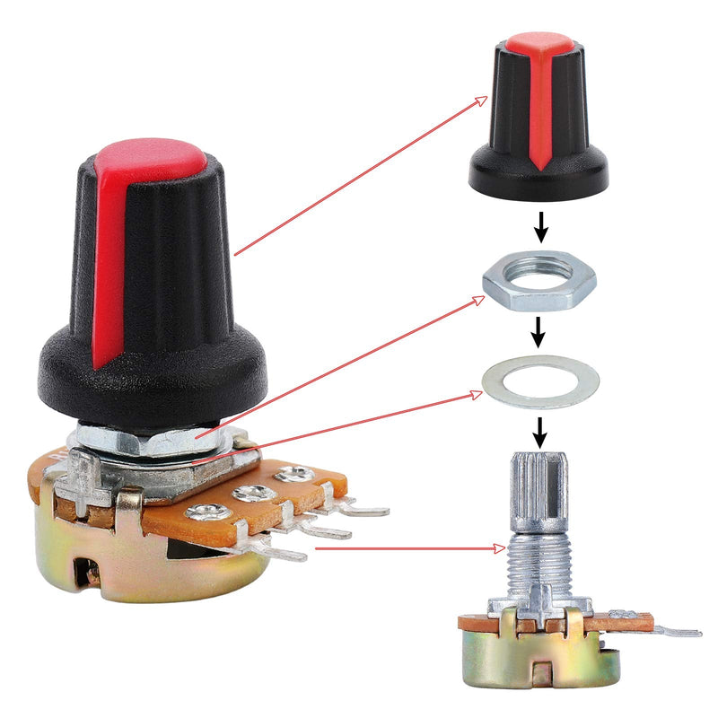 [Australia - AusPower] - OCR 1K-1M ohm Potentiometer Kit, 45 Sets Knurled Shaft Linear Potentiometer with Knobs, Nuts and Washers, 9 Values1K 5K 10K 20K 50K 100K 250K 500K 1M 3 Terminal Rotary Potentiometer 