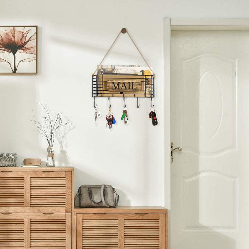 [Australia - AusPower] - SRIWATANA Mail Holder, Rustic Mail Organizer Wall Mount Hanging Mail Sorter Letter Basket with 5 Key Holder for Wall, Large, Carbonized Black 