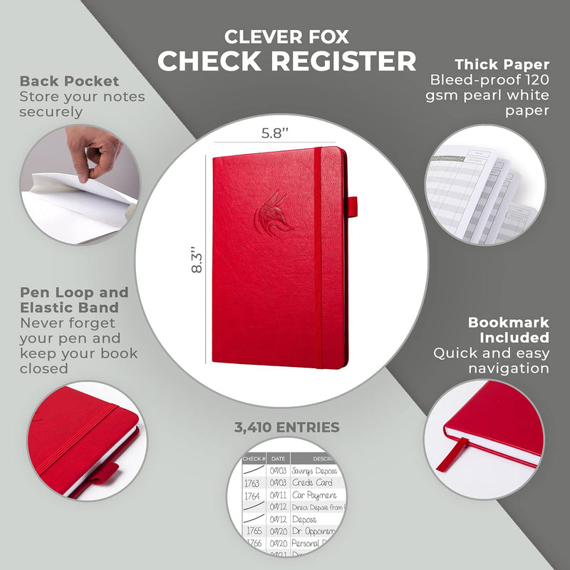 [Australia - AusPower] - Clever Fox Check Register – Deluxe Checkbook Log with Check & Transaction Registers, Bank Account Register Booklets for Personal and Work Use, A5 Hardcover - Red A5 (5.8'' x 8.3'') 