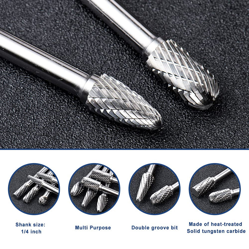 [Australia - AusPower] - YUFUTOL Carbide Burrs Set 10pcs Double Cut Solid Carbide Rotary Burr Set 1/4" Shank Die Grinder Bits for Steel,Metal Carving, Polishing,Engraving,Drilling 