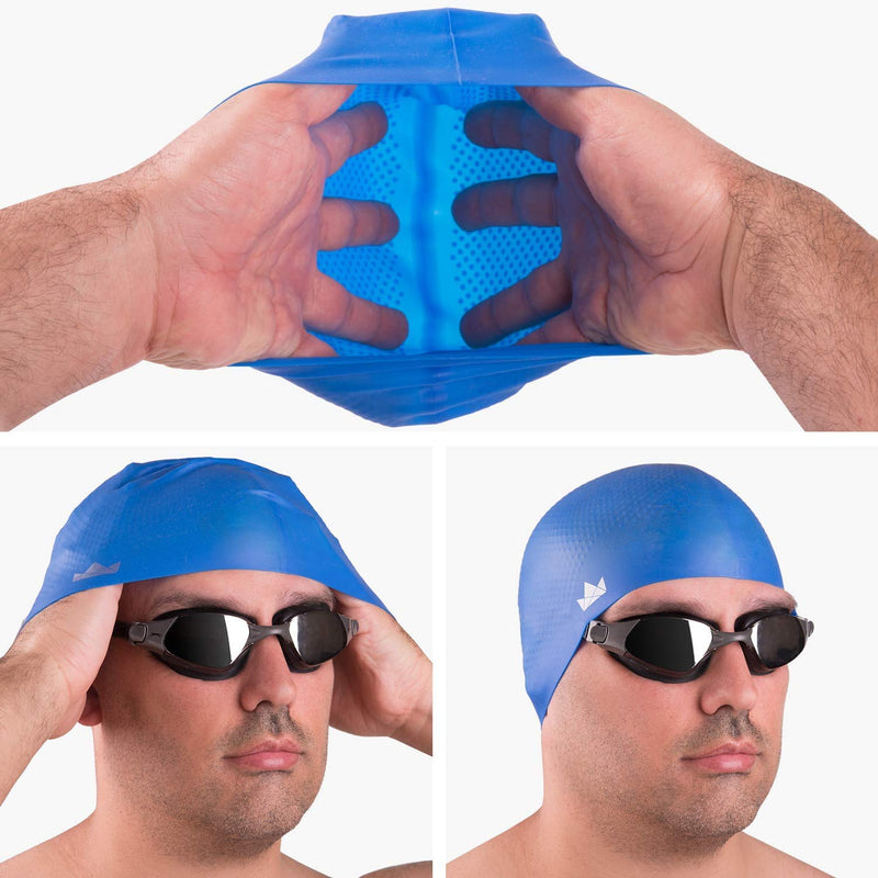 [Australia - AusPower] - The Friendly Swede Silicone Swim Cap for Men, Swim Cap Kids or Women with Short to Medium Hair (2 Pack) Blue + Black 