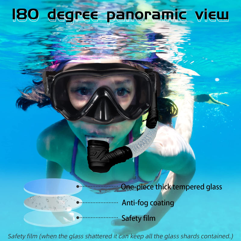 [Australia - AusPower] - Seago Kids Swim Goggles Snorkel Diving Mask for Youth, Anti-Fog 180° Clear View Black 