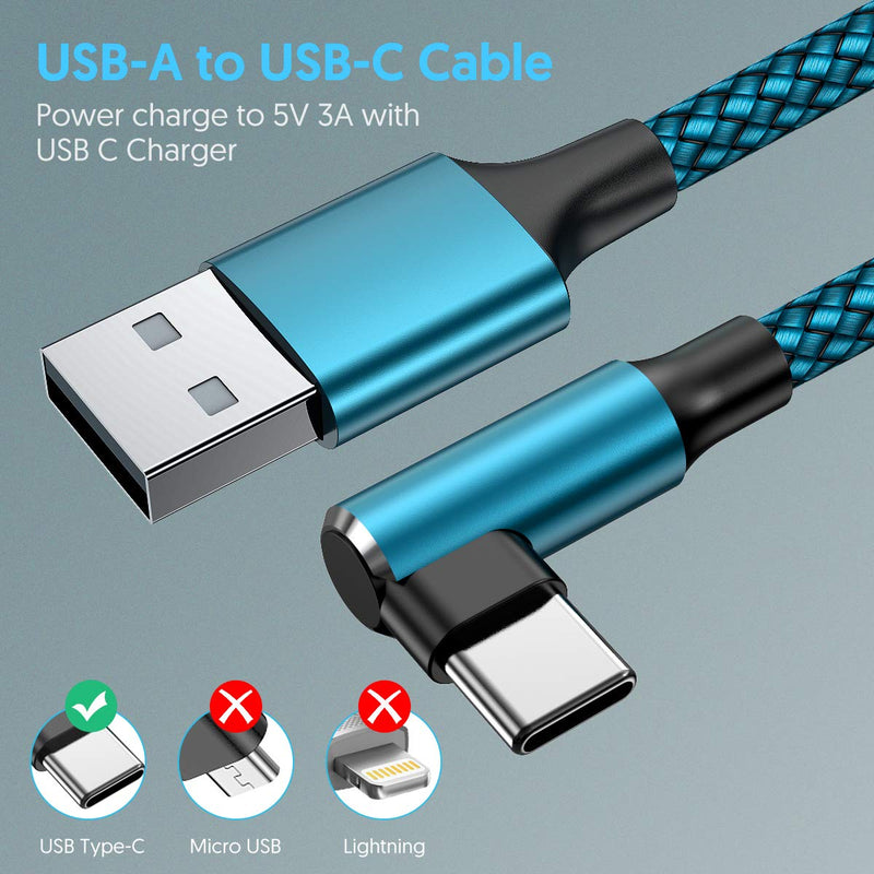 [Australia - AusPower] - USB C Cable, geekboy Right Angle Type c Charger [2-Pack 10ft], Durable Nylon Braided USB A to Type C Charger Cable for Samsung S22 Ultra/S21 Plus/S20, Note 10 and Other USB C Charger(Cyan) Cyan 2 Pack 