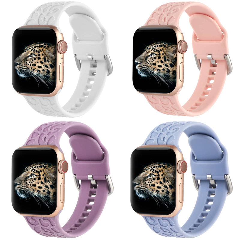 [Australia - AusPower] - 4 Pack Leopard Engraved Strap Compatible with Apple Watch Band 38mm 40mm 41mm,Women Men Silicone Animal Cheetah Accessories Sport Strap Wristbands for iWatch Series 7 6 5 4 3 2 1 SE 38/40/41mm White/Pink Sand/Lavender Purple/Lilac Blue 