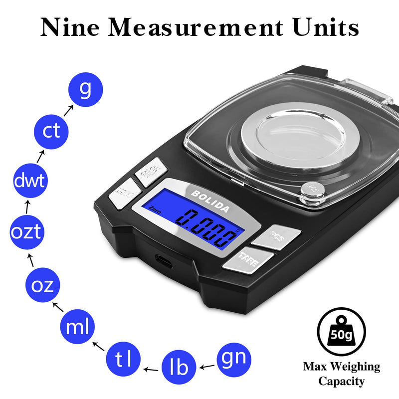 [Australia - AusPower] - NEXT-SHINE Digital Milligram Scale, Mini Pocket Professional Reloading Powder Scale Rechargeable 50g x 0.001g High Precision with 10g Calibration Weights Grams Ounces for Jewelry School Test 