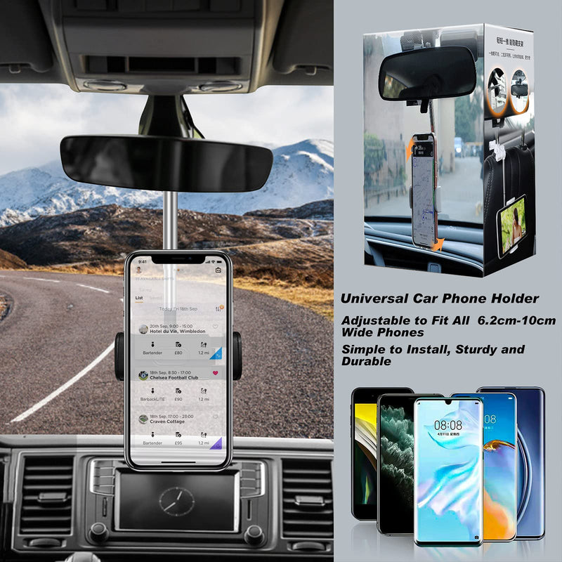 [Australia - AusPower] - Rear View Mirror Phone Mount, 360° Rotating Universal Rearview Mirror Phone Holder for Car, Adjustable for 70mm-100mm Width Phones Universal 4.0"- 6.1" Phone Holder Stand Car Headrest Mount - Black 
