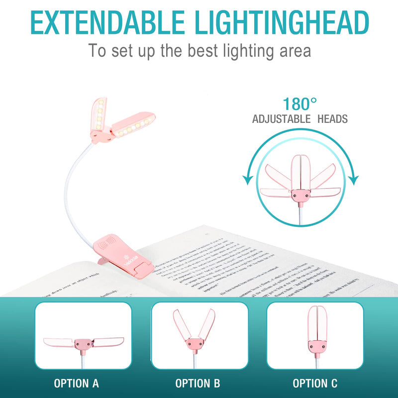 [Australia - AusPower] - Vekkia 14 LED Rechargeable Book-Light for Reading at Night in Bed, Warm/White Reading Light with Clamp, 180° Adjustable Mini Clip on Light, Lightweight Eye Care Book Light Perfect for Readers & Kids Pink 