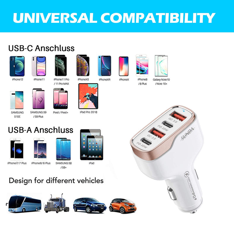 [Australia - AusPower] - SUNDA 40W USB C Fast Car Charger, 4-Ports Car Charger Adapter, Dual Type C PD 20W Compatible with iPhone13/12Pro/Max/iPhone11/Pad Pro/Galaxy/Samsung, Dual USB-A 18W QC3.0 for Android CC53-2A2C 
