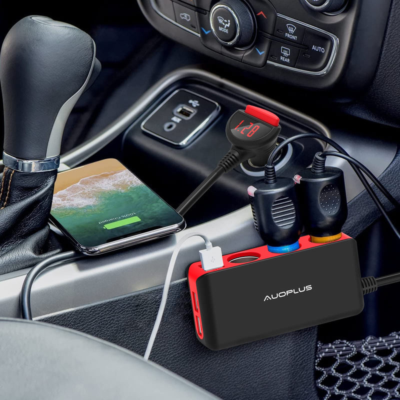 [Australia - AusPower] - AUOPLUS 120W 3 Socket Cigarette Lighter Splitter Car Charger Adapter, LED Voltage Display Dual 4 USB Chargers(6.8A), Car Charger On/Off Switches 12V for iPhone iPad Samsung GPS Dashcam black+red 