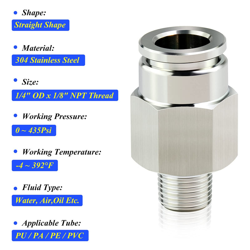 [Australia - AusPower] - TAILONZ PNEUMATIC 304 Stainless Steel Male Straight 1/4 Inch Tube OD x 1/8 Inch NPT Thread Push to Connect Fittings PC-1/4-N1 (Pack of 5) 1/4''OD 1/8''NPT 