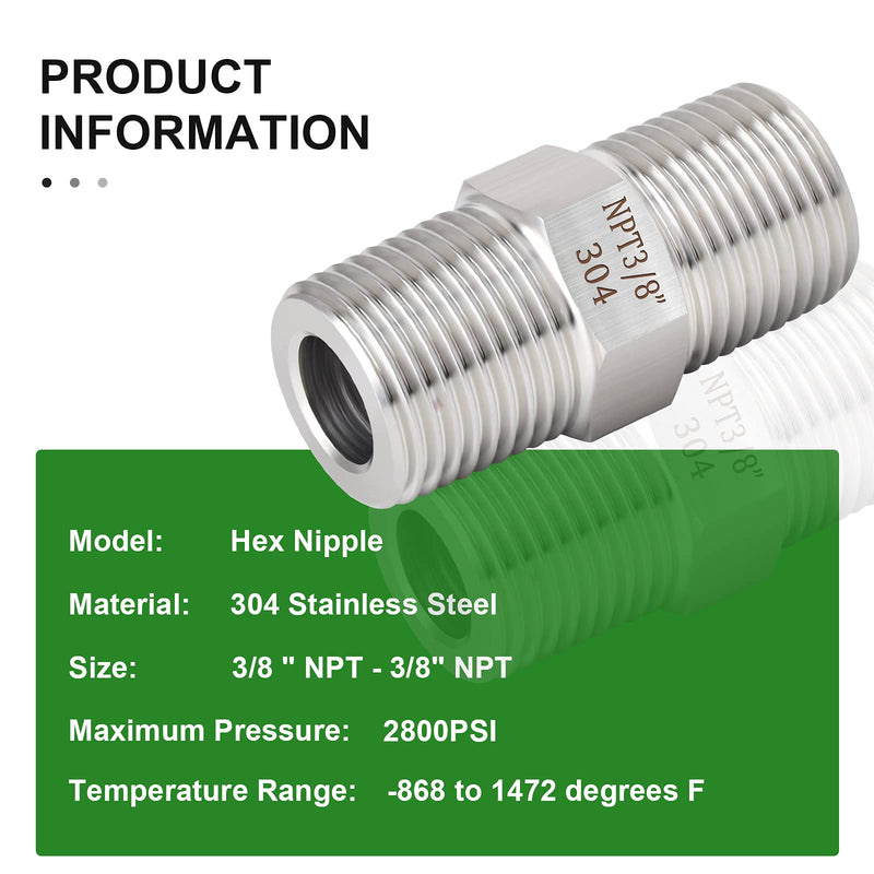 [Australia - AusPower] - TAISHER 5PCS 304 Stainless Steel Hex Nipple, Pipe Fitting 3/8-Inch Male Pipe x 3/8-Inch Male Pipe 3/8" NPT x 3/8" NPT 5 