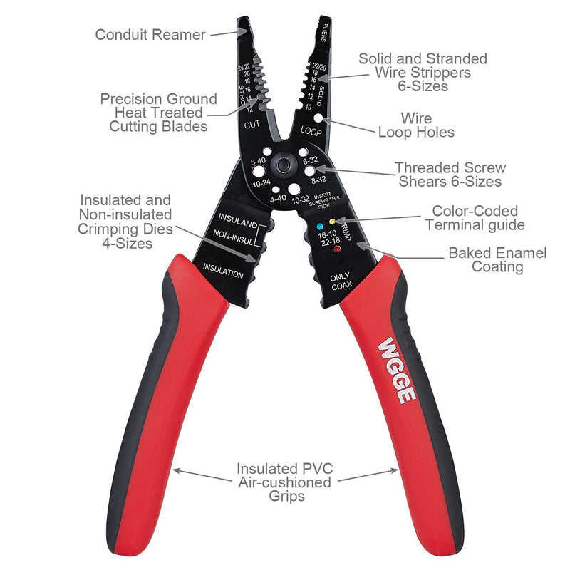 [Australia - AusPower] - WGGE WG-015 Professional 8-inch Wire Stripper/wire crimping tool, Wire Cutter, Wire Crimper, Cable Stripper, Wiring Tools and Multi-Function Hand Tool. Red 