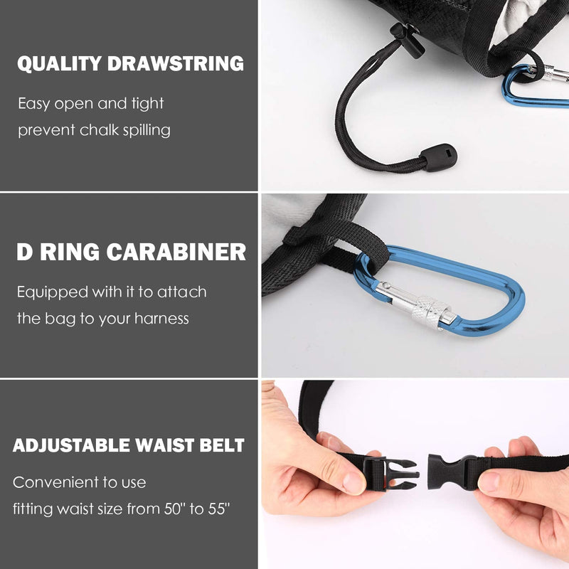 [Australia - AusPower] - MoKo Chalk Bag, Drawstring Rock Climbing Chalk Bag Bouldering Chalk Bag Bucket with Adjustable Belt & Zippered Pockets and Carabiner for Rock Climbing Weight Lifting Gymnastics Crossfit Black 