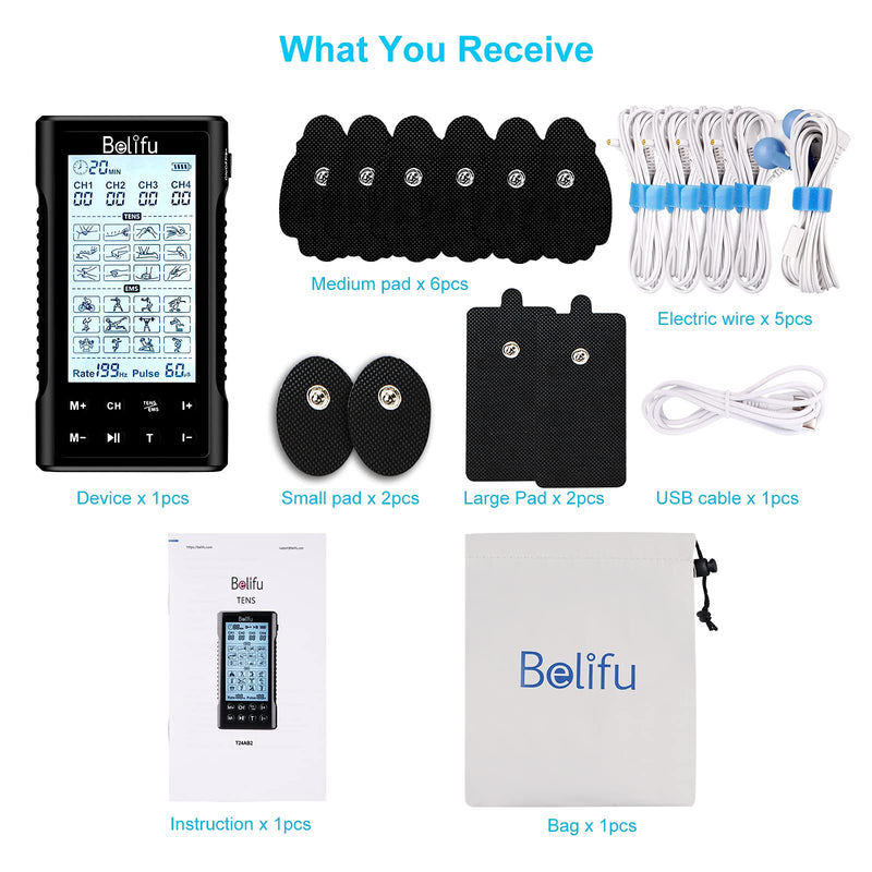 [Australia - AusPower] - Belifu 4 Independent Channel TENS EMS Unit, 24 Modes,30 Level Intensity Muscle Stimulator Machine, Rechargeable Electric Pulse Massager with 10 Pads&5 Set Leads Wires, for Pain Relief Therapy(Black) Black 