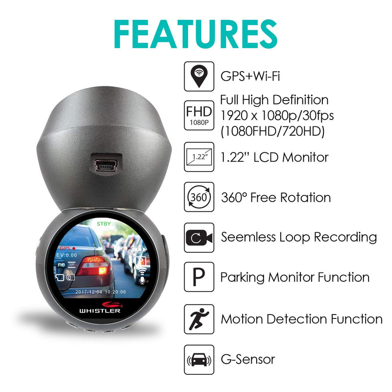 [Australia - AusPower] - Whistler D28RS FHD 1080P Dash Cam with Built-in WiFi, GPS Dashboard Camera, 1.2” LCD Screen, G-Sensor Security Camera for Car, Loop Recording, Parking Monitor, 120° Wide Angle 