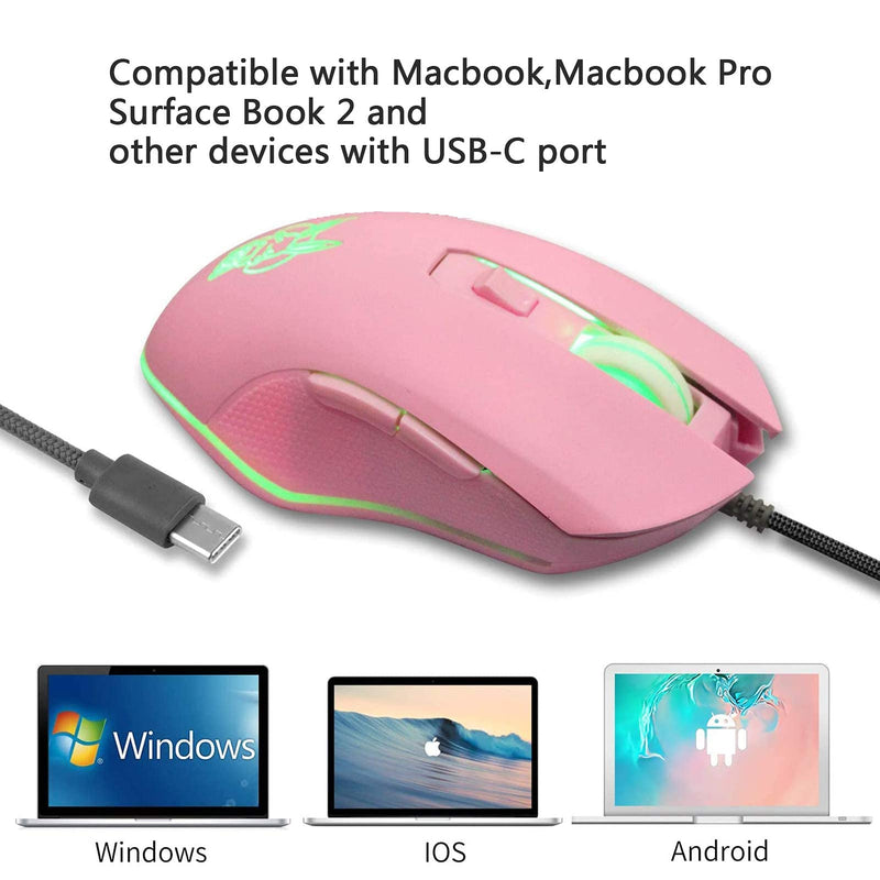 [Australia - AusPower] - IULONEE Type C Mouse, Wired USB C Mice Gaming Mouse Ergonomic 4 RGB Backlight 3200 DPI Compatible with M@c, Matebook, Chromebook, HP OMEN, Windows PC, Laptop and More USB Type C Devices (Black+Pink) 