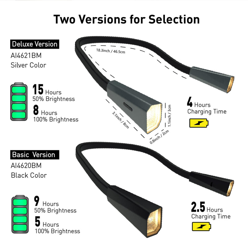 [Australia - AusPower] - RADIXIUM Black LED Neck Reading Light, Multifuntion Book Light for Reading in Bed and Camping, 4 Brightness Levels, Bendable Arms, Rechargeable, Long Lasting, Comfortable & Lightweight, Soft as Skin 