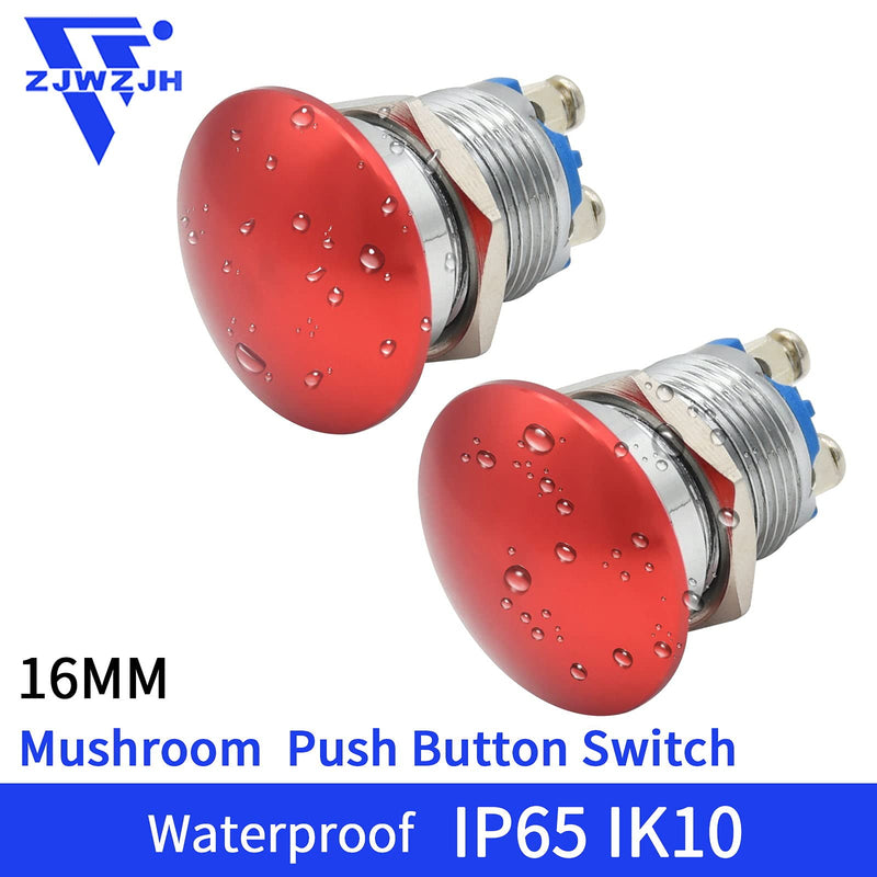 [Australia - AusPower] - 2 Pcs 22mm /16mm Waterproof IP65 Metal Momentary Mushroom Head Push Button Switch Start Button 1NO ON Off 7/8'' Mouting Domed Screw Terminal 3A 250V EJ22-241A (Red, 16MM) Red 