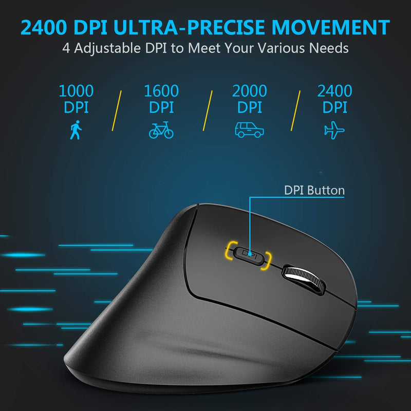 [Australia - AusPower] - Ergonomic Mouse, iClever WM101 Wireless Vertical Mouse 6 Buttons with Adjustable DPI 1000/1600/2000/2400 Comfortable 2.4G Optical Ergo Mouse for Laptop, Computer, Desktop, Windows, Mac OS, Gray Black 