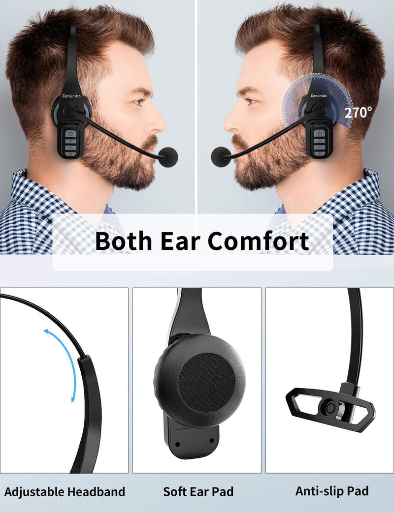 [Australia - AusPower] - Trucker Bluetooth Headset 5.0 with Microphone Noise Cancelling Wireless Phone Headset 22Hrs Talktime Mute Button for Cell Phones Laptop Office Home Online Class PC Call Center Skype Black 