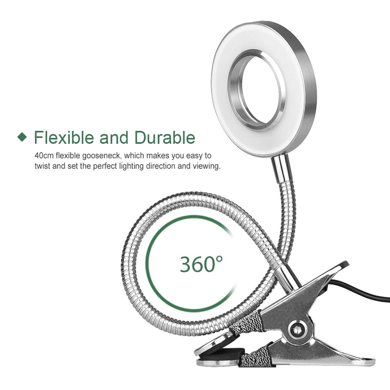 [Australia - AusPower] - GLORIOUS-LITE LED Clip on Light, 36 LED Reading Light, 4 Modes Book Light, 360° Rotation Gooseneck Reading Lamp, Eye-Caring Clip on Lamp for Bed, Desk,Computer, Headboard, Dorm Room(Silver) Silver 