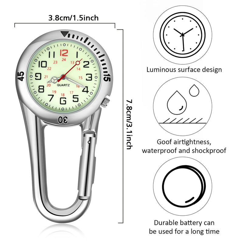[Australia - AusPower] - 2 Pieces Clip on Quartz Watch Backpack Fob Belt Watch Glow in The Dark Unisex Pocket Watch with White Dial for Doctors Nurses Outdoor Activities Black, Silver 