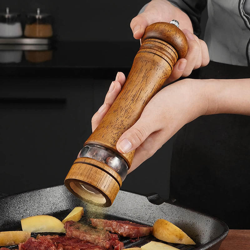[Australia - AusPower] - 2-Piece Salt and Pepper Grinder Set, 8 Inch Wooden Salt and Pepper Mills with Adjustable Coarseness, Refillable Manual Pepper Mill Grinder for Home Cooks (Brown) 