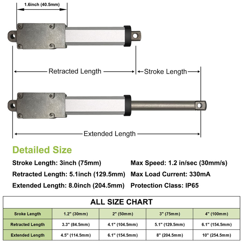 [Australia - AusPower] - UYGALAXY 3" Stroke Micro Electric Linear Actuator 12V - 32N/7.2lb Speed 1.2"/sec Mini Waterproof Metal Mini Motion Actuator with Mounting Bracket for DIY Robot Cabinet Drawer Shutter Cosplay 3" 