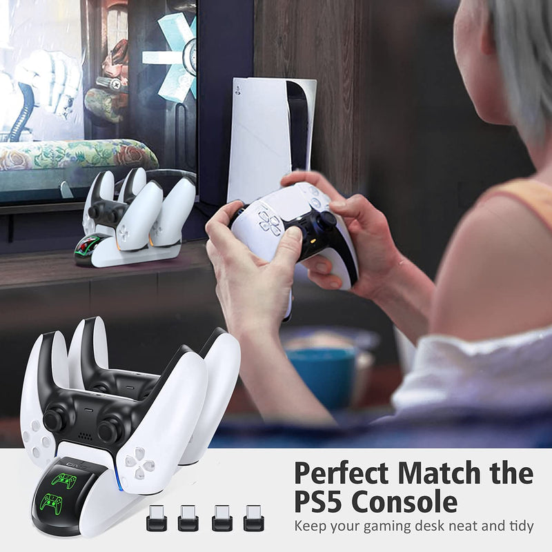 [Australia - AusPower] - PS5 Controller Charger Station, PS5 Controller Charging Station for DualSense Controller, OIVO PS5 Charging Station with 4 USB-C Dongles, Upgraded with an ON/Off Switch White 