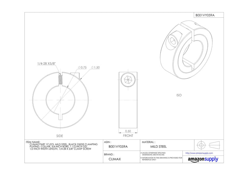 [Australia - AusPower] - Climax Part 1C-075, Mild Steel, Black Oxide Plating, Clamping Collar, 3/4 inch bore, 1 1/2 inch OD, 1/2 inch Width, 1/4-28 x 5/8" Clamp Screw 