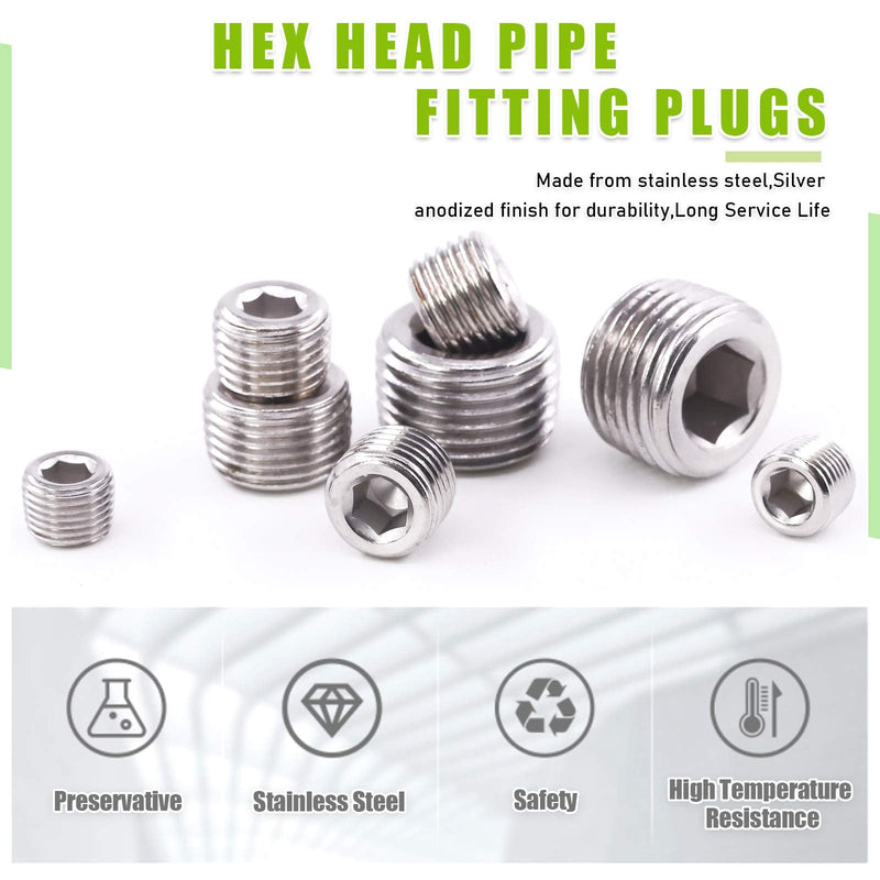 [Australia - AusPower] - Keadic 18 Pieces 304 Stainless Steel Pipe Plugs Fitting Set, 1/8 1/4 3/8 1/2 3/4 inch NPT Pipe Plug Brass Pipe Fitting Internal Hex Thread Socket for Closing the End of Pipe 1/8" 1/4" 3/8" 1/2" 3/4" 