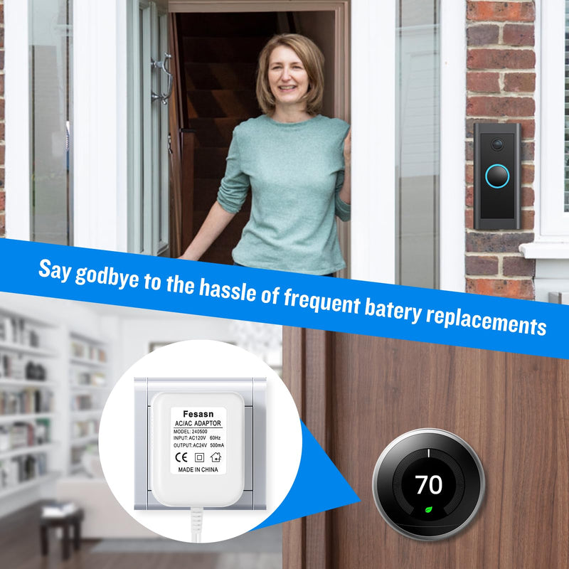 [Australia - AusPower] - Fesasn 24V C Wire Doorbell Transformer,Compatible with Ring Nest Hello Eufy and Wyze Video Ring Doorbells and Smart Thermostat(16.4 FT Long Cable with White) 16.4 FT White 