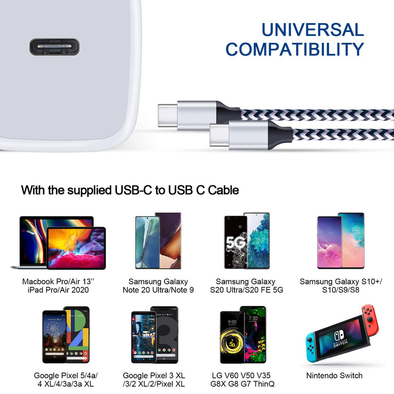 [Australia - AusPower] - USB C Wall Charger, USB C to USB C Cable 6FT, SIXSIM PD 20W USB C Power Adapter Fast Charging Block with 60W Type C Cable for Samsung Galaxy S22 Ultra 5G S22+ S21 FE S20 Ultra 5G S10 S9 S8 Plus Note20 white 