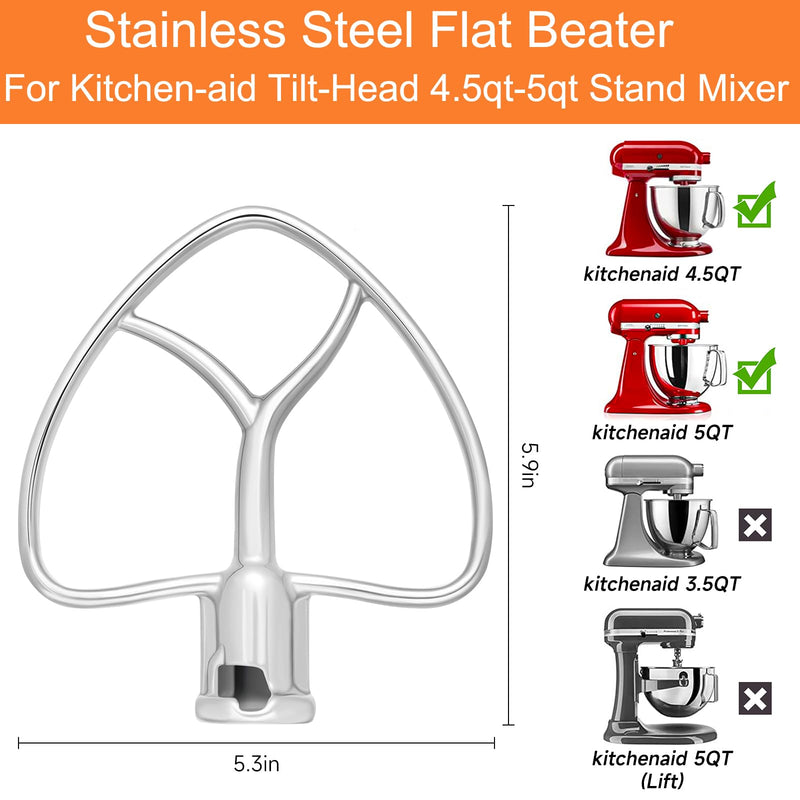 [Australia - AusPower] - Stainless Steel Flat Beater for Kitchen-aid Tilt-Head 4.5qt-5qt Stand Mixer Compatible for K45SS, KSM75, KSM90, KSM125 Paddle Attachment for Baking, Pasta Dough Mixing Accessory 