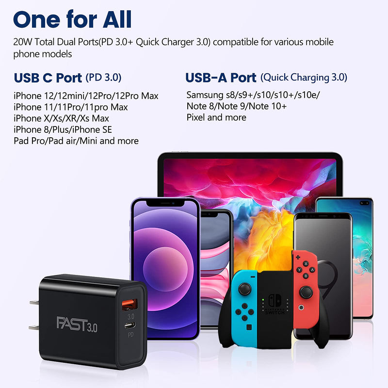 [Australia - AusPower] - USB C Power Adapter, Boxeroo 5-Pack 20W Dual-Port Wall Charger Plug, PD Fast Charger, Type USB C Charger with Quick Charger 3.0 Compatible iPhone 12/ Mini/Pro Max/11/11 Pro Max/Galaxy/Pixel and More Black 