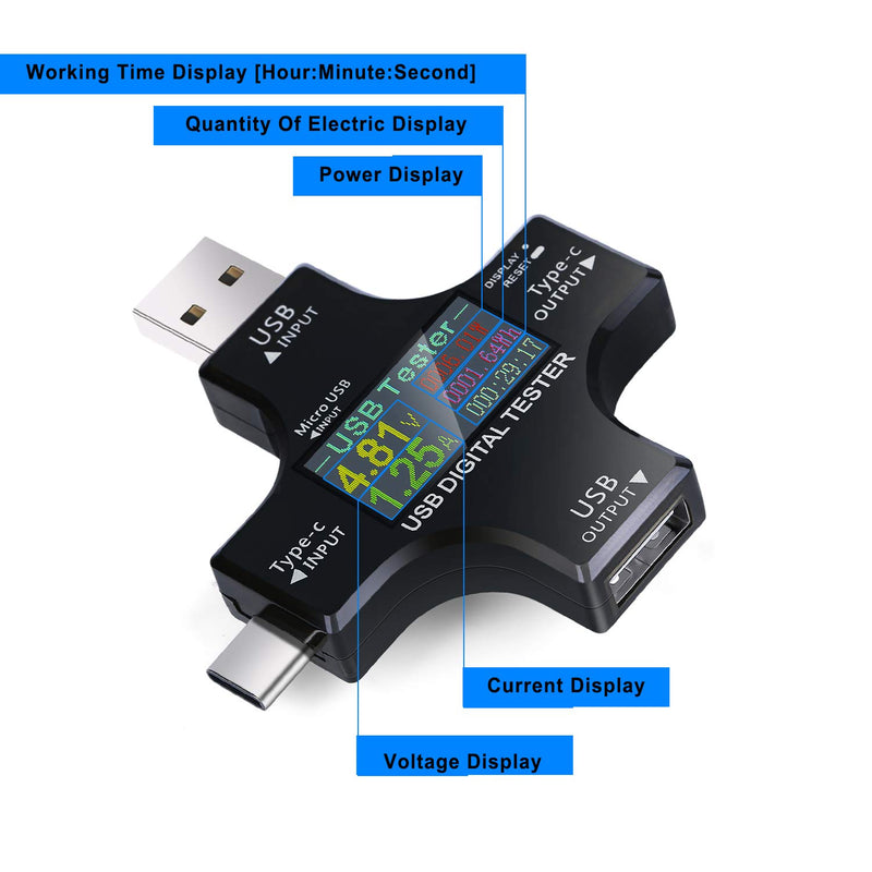 [Australia - AusPower] - Eversame 2 in 1 Type C USB Tester Color Screen LCD Digital Multimeter, USB C Voltage Current Voltmeter Amp Volt Ammeter Detector USB Cable Charger Indicator DC3.6-30V/0-5.1A 