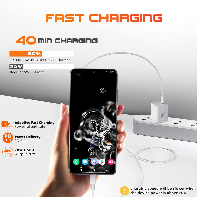 [Australia - AusPower] - 121MiC - 20W USB-C Wall Charger + 1m USB-C to USB-C Cable. Compact Power Adapter, PD 3.0, Fast Charge, Electrical Safety Tested, White. Compatible with Samsung S20/S20+/S10/S10+/S9/9+/S8/S8+ 
