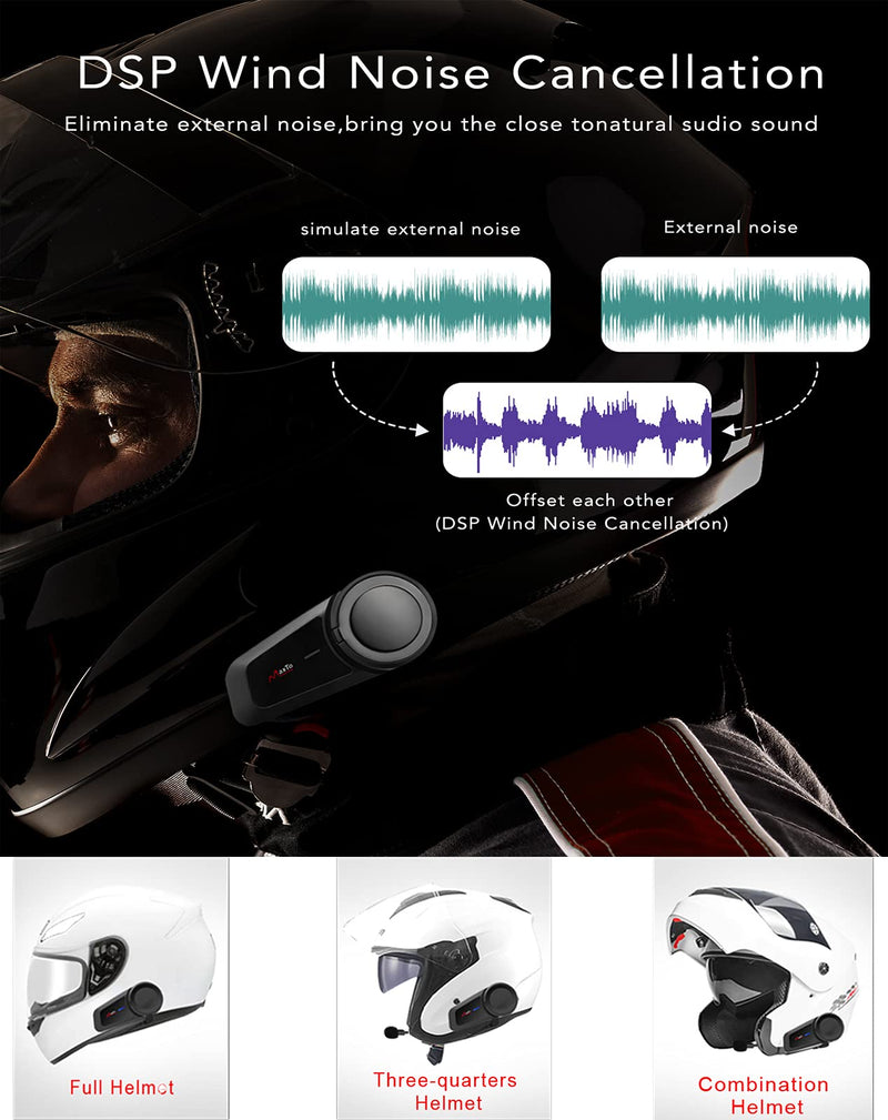 [Australia - AusPower] - Maxto Motorcycle Bluetooth Headset, M2 Group Motorbike Helmet Communication Systems 6-Way BT5.0 Waterproof Intercom 1000M Range with FM Radio,Siri,Voice dial for Ski/ATV/Full/Half Face(2 in 1 Mic) M2 1Pack 