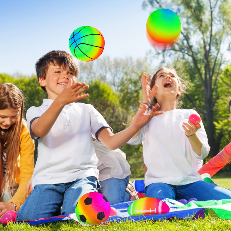 [Australia - AusPower] - 4 Pack Rainbow Sports Balls Set 6 Inch Inflatable Vinyl Balls with Added Hand Air Pump, Neon Basketball, Soccer Ball, Volleyball and Football for Kids and Toddlers Playground Indoor and Outdoor Use 