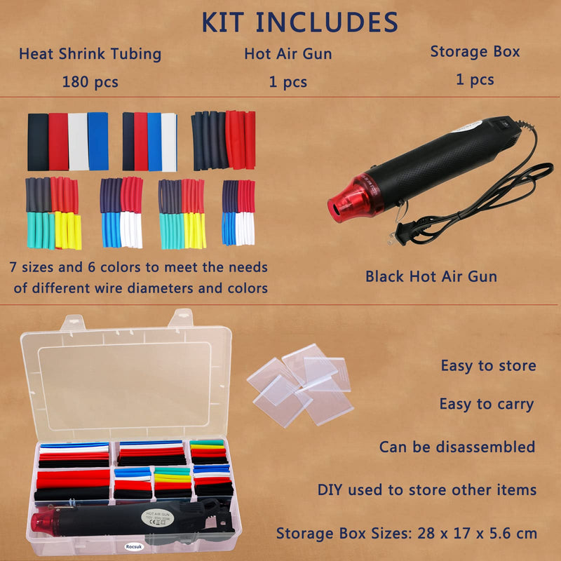 [Australia - AusPower] - Heat Shrink Tubing Kit + Mini Heat Gun for Shrink Tubing Shrink Wrapping – 180pcs 3:1 Dual Wall Adhesive Lined Waterproof Heat Shrink Tubing Marine – for Wire Shrink Wrap Repair Insulation Protector 